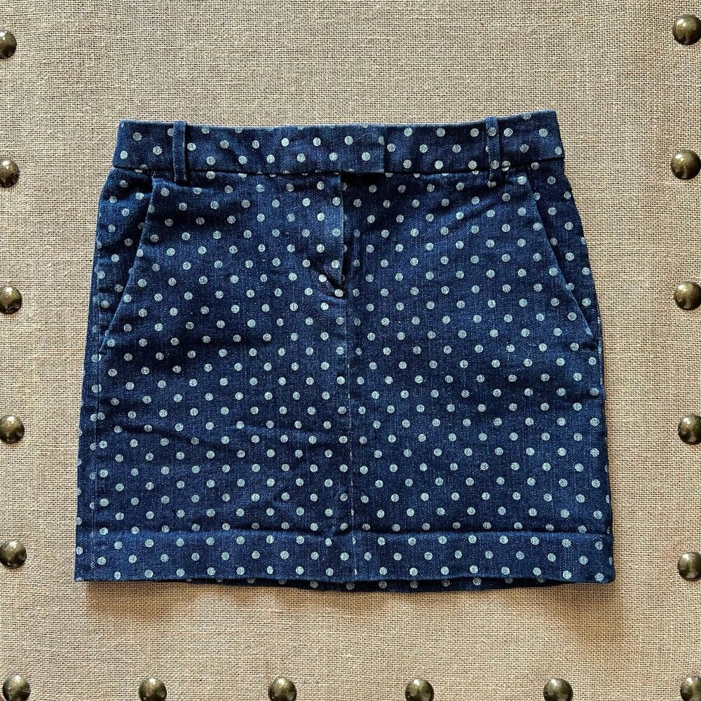 J.Crew Dark Wash Denim Polka Dot Mini Skirt XS 0 Blue White Stretch